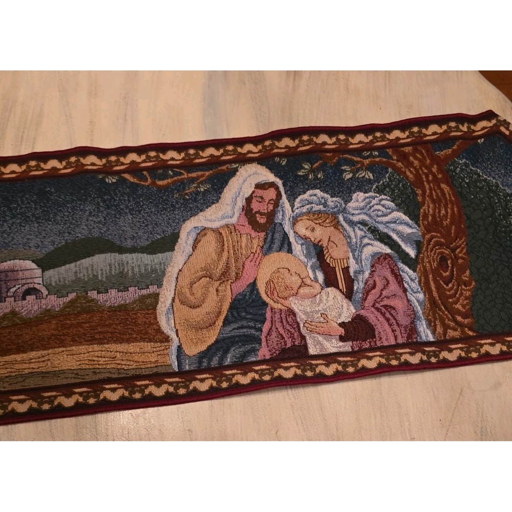 Vintage Woven Tapestry Table Dresser Runner - Jesus Mary And Joseph 71" x 13"